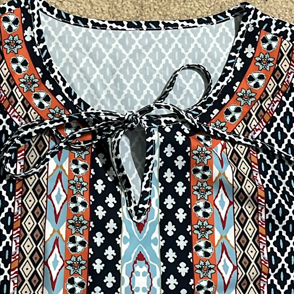 3XL Boho Tunic Dress – Printed Neckline – Navy/White/Multicolor, LIKE NEW - Picture 3 of 12